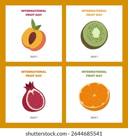 Conjunto de bandeiras simples quadradas para o Dia Internacional da Fruta com desenho animado pêssego doce, kiwi, romã, laranja. Clipart de fruta exótica e suculenta desenhada à mão para postagem de mídia social, banner de site, promoção