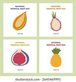 Set of square simple banners for National Tropical Fruit Day with cartoon papaya, dragon fruit, cut fig, pineapple. Hand drawn exotic sweet food for social media post, website banner, promotion