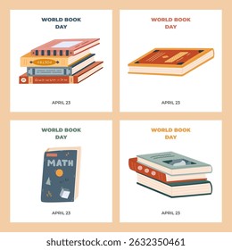 Set of square simple banners for World Book Day with book and library clipart. Hand drawn reading concept with textbook, stack of literature in hardcover for social media, website banner, promotion.