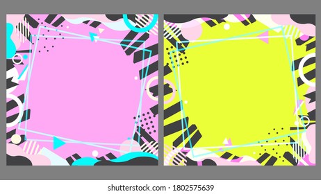 Set of square size  Background vector illustration.
Abstract graphic style backdrop, color trendy.
With geometric shapes and freehand Modern all around in the middle there is a square frame.
