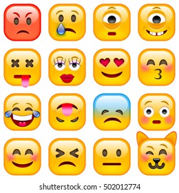 Set of Square Smile Emoticons. Isolated vector illustration on white background