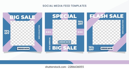 Set of square social media feed template for flash sale product. simple design blue and purple. eps10.