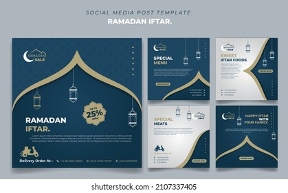 Set of square social media post template in Blue and white background design. Iftar mean is breakfasting and marhaban mean is welcome. social media template with islamic background design