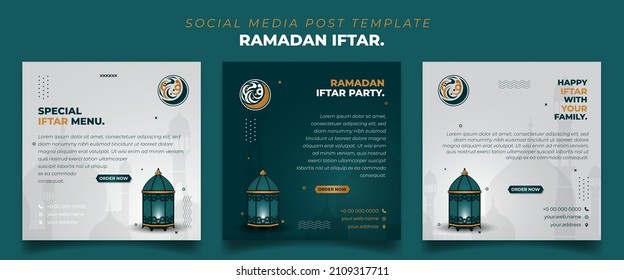 Set of Square social media post template in green, white and gold with lantern design. Iftar mean is breakfasting. social media template with islamic background design