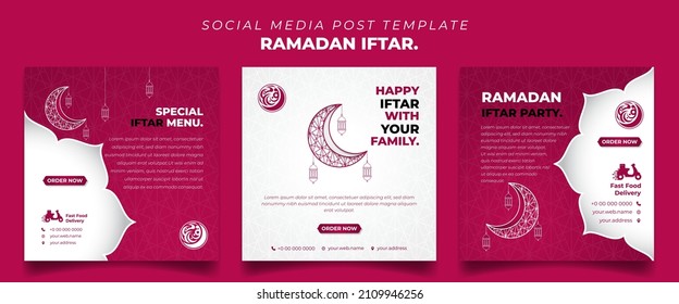 Set of Square social media post template in pink and white with lantern and moon design. Iftar mean is breakfasting and arabic text mean is ramadan. Islamic social media template design