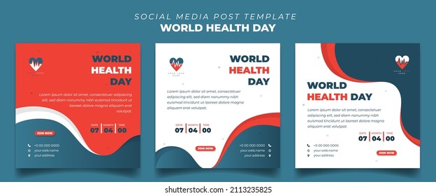 Set of Square social media post template for world health day with white orange and blue background. Good template for online advertisement design.