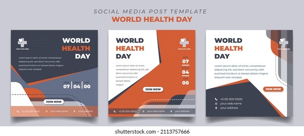 Set of Square social media post template for world health day with white, orange, and dark gray color background with simple shape design. Good template for online advertisement design.