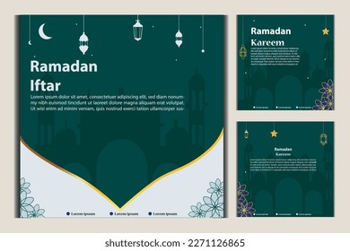 Set of Square social media post template in green, white, and blue and gold with lantern design. Iftar mean is Ramadan. social media template with Islamic background design