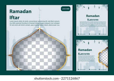 Conjunto de plantillas de publicaciones en medios sociales en verde, blanco, azul y oro con diseño de farolillos. Iftar es Ramadán. plantilla de medios sociales con diseño de fondo islámico