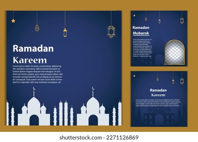 Set of Square social media post template in green, white, and blue and gold with lantern design. Iftar mean is Ramadan. social media template with Islamic background design