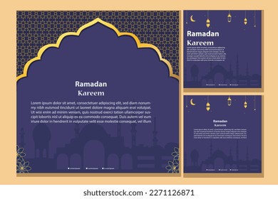 Set of Square social media post template in green, white, and blue and gold with lantern design. Iftar mean is Ramadan. social media template with Islamic background design