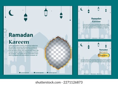 Set of Square social media post template in green, white, and blue and gold with lantern design. Iftar mean is Ramadan. social media template with Islamic background design