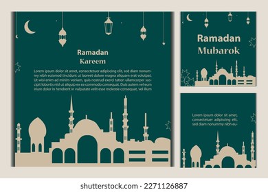 Set of Square social media post template in green, white, and blue and gold with lantern design. Iftar mean is Ramadan. social media template with Islamic background design