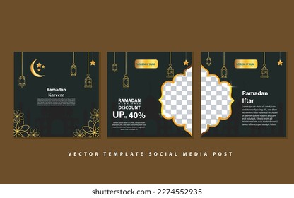 Set of Square social media post template Mega sale promotion with modern lantern gold design. Iftar mean is Ramadan. social media template with Islamic background design