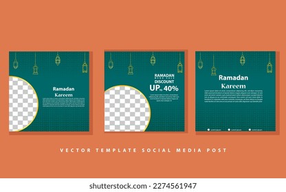 Set of Square social media post template Mega sale promotion with modern lantern gold design. Iftar mean is Ramadan. social media template with Islamic background design