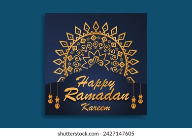 Set of Square social media post template in green, white and gold with lantern design. Iftar mean is breakfasting. social media template with islamic background design