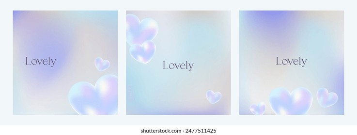 Set of square social media post template with blue purple gradients for banner, posters, website. Modern minimalist art cover design with 3d effect symbol.