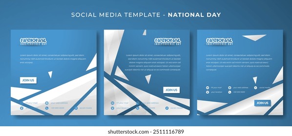 Set of square social media post template with abstract white irregular shapes on blue background. Good template for national day or advertisement