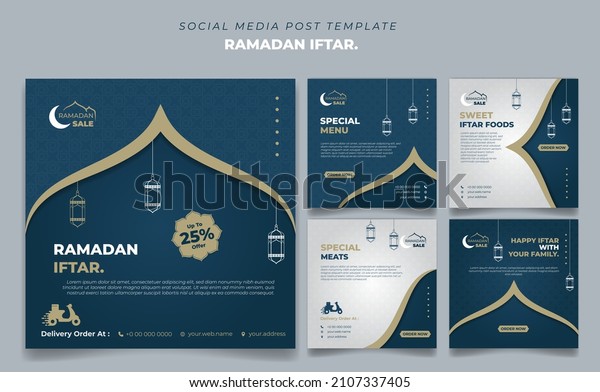 Set\
of square social media post template in Blue and white background\
design. Iftar mean is breakfasting and marhaban mean is welcome.\
social media template with islamic background\
design
