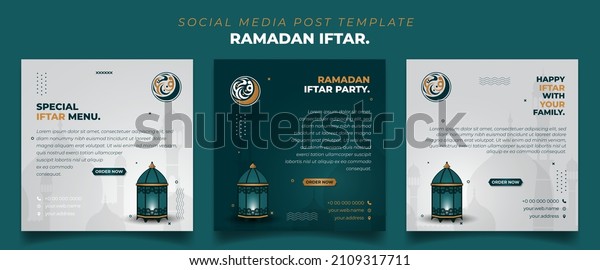 Set of Square social media\
post template in green, white and gold with lantern design. Iftar\
mean is breakfasting. social media template with islamic background\
design