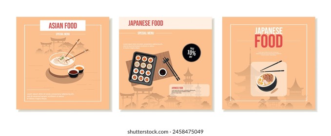 Conjunto de publicaciones cuadradas de medios sociales con arquitectura japonesa, comida, rollitos, sopa de ramen. Anuncio, promoción, descuento, venta. Vector