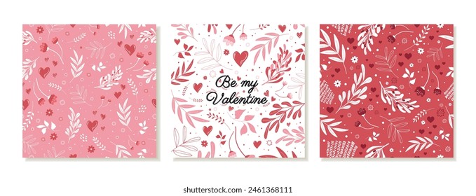 A set of square social media posts with seamless Valentine's Day patterns. Vector