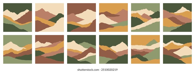 Set of square social media posts with silhouettes of mountain landscapes in flat style. Hiking, travel cards. Design element for poster, card, banner. Contemporary design. Futuristic wall art decor