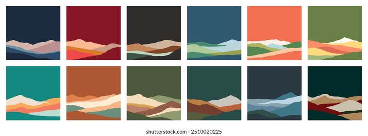 Set of square social media posts with silhouettes of mountain landscapes in flat style. Hiking, travel cards. Design element for poster, card, banner. Contemporary design. Futuristic wall art decor