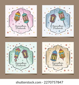 Set of square social media ramadhan theme with fanoos lantern illustration on a soft color background