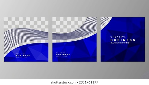 set of square social media template abstract geometric triangles blue background