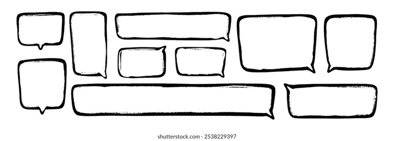 Set of square speech bubbles in comic style. Vertical and horizontal frames drawn by hands with a place for text and a grunge texture of scuffs and pencil.