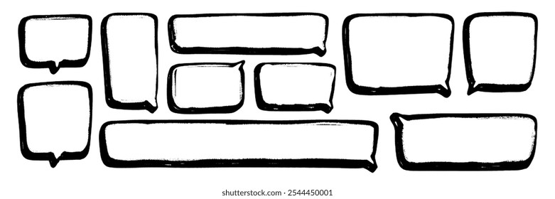 Set of square speech bubbles in comic style. Hand-drawn vertical and horizontal frames with space for text and a grunge scuffed, pencil texture with a halftone effect.