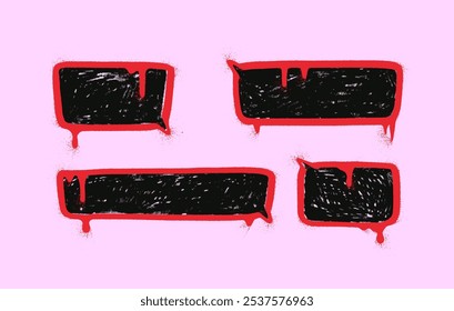 Satz von quadratischen Sprechblasen im Street Art Stil. Vertikale und horizontale Rahmen mit einer Sprühdose mit Tropfen und Spritzer innen mit einem schwarzen Bleistift gezeichnet. Graffiti-Illustration.