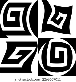 Set of square spiral elements. Vector optical illusion, depth effect, logo template, monochrome icons.