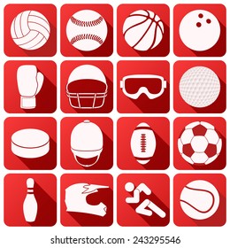 Set of square sport icons with long shadows in flat design. Vector Illustration.