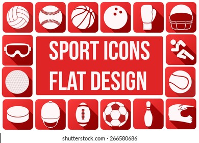 Conjunto de iconos deportivos cuadrados con largas sombras en diseño plano. Ilustración vectorial.