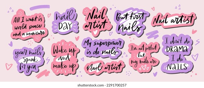 Set of square stickers about manicure and nail care. Slogan prints to nail studio, fashion master, beauty salon, decorative card. Calligraphy modern style - Vector artwork.