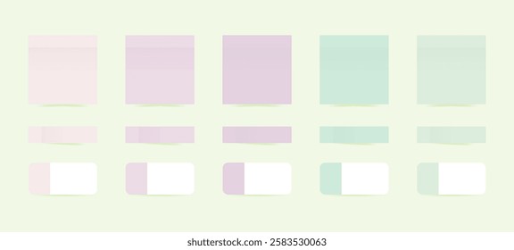 Set of square stickers, short small paper adhesive tapes, white paper adhesive tapes with colored edges. Colored post sticky note with shadows. Isolated realistic vector illustration