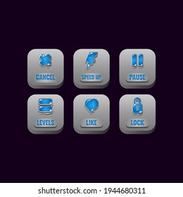 set of square stone buttons with jelly icons for game ui asset elements vector illustration