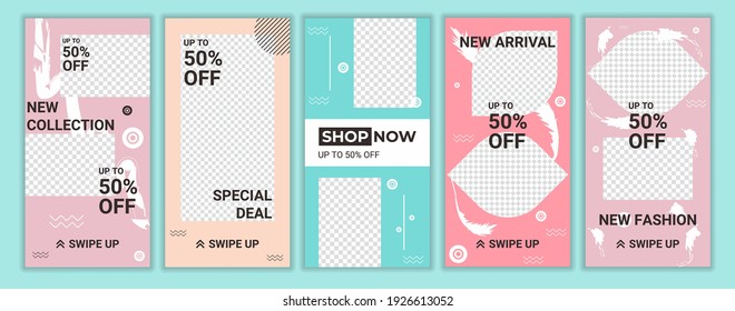 Conjunto de plantillas de diseño cuadrado y moderno para artículos de medios sociales, aplicaciones móviles o diseño de volantes. Tienda de pancartas de diseño sencillo y fresco de colores pastel. Ilustración del vector