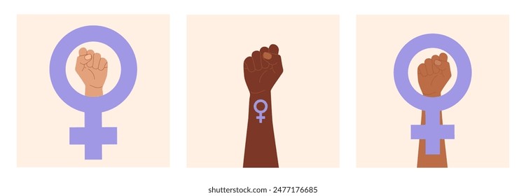 Set of square рostcard with a symbol of feminism, a clenched fist raised up by women with different skin colors. Mirror of Venus. National Women's Equality Day, USA. Flat vector illustration EPS10