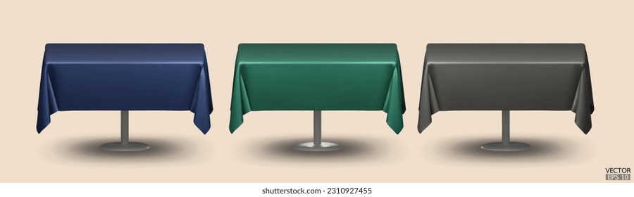 Conjunto de mesa cuadrada con manteles aislados sobre fondo beige. Ropa de mesa de la sala de reuniones, ropa de mesa azul, verde y negra de seda. Ilustración vectorial 3D.
