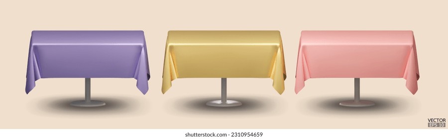 Conjunto de mesa cuadrada con manteles aislados sobre fondo beige. Ropa de mesa de la sala de reuniones, púrpura, amarilla y rosa de seda. Ilustración vectorial 3D.