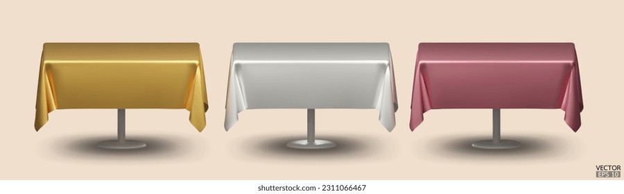 Set of square table with Tablecloth Isolated on beige Background. Meeting room table clothes, gold, silver and rose gold silk table clothes. 3D vector illustration.