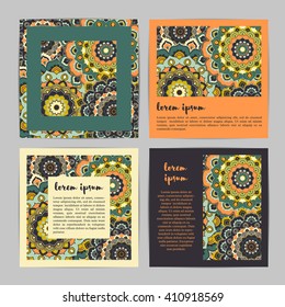 Set of square template cards with hand drawn flower mandala.Stylish geometric pattern in oriental style.Green,orange,beige, plum colors. Indian, asian, arabic, islamic, ottoman, moroccan motif. Vector