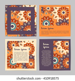 Set of square template cards with hand drawn flower mandala.Stylish geometric pattern in oriental style. Orange, violet, beige colors. Indian, asian, arabic, islamic, ottoman, moroccan motif. Vector.