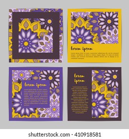 Set of square template cards with hand drawn flower mandala.Stylish geometric pattern in oriental style. Violet, yellow colors. Indian, asian, arabic, islamic, ottoman, moroccan motif. Vector.