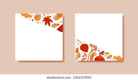Set of square templates with autumn background. Good for shopping sale or promo poster. Vector illustration. Leaves, berries, mushrooms, pumpkin and other elements.