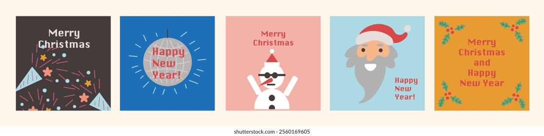 Set of square templates Christmas and New Year postcards in vector. Templates for poster postcards social media cover