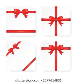 Set of square templates for creating cards, vouchers, certificates, gift wrap with red satin bow and ribbon in realistic style